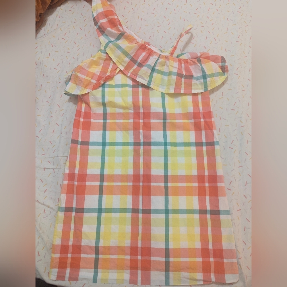 Janie and Jack Summer Tropics Orange Plaid One-Shoulder Ruffle Dress